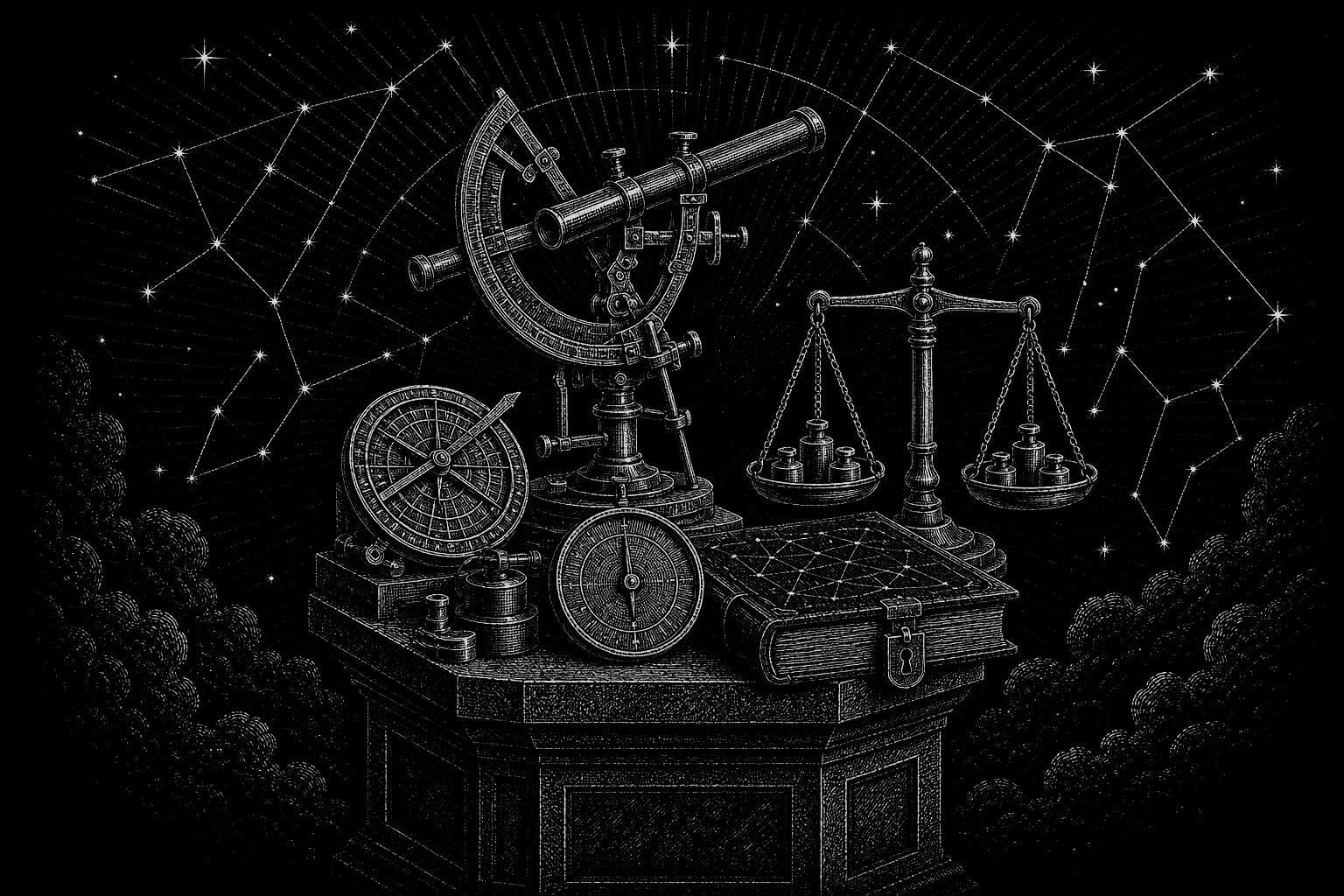 Engraved astronomical meters, scales, and a locked ledger